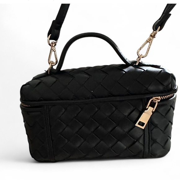 Black woven check Top handle faux leather vanity box bag - Picture 4 of 5